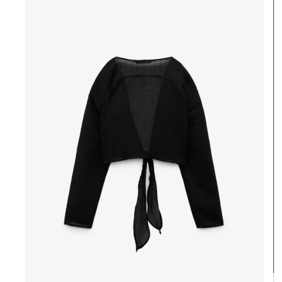 NWT Zara Sheer Black Collar Cropped Knot Tie Textured Top Swim Cover S New - Picture 15 of 15